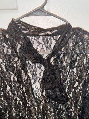 Sheer Black Lace Tie-Neck Top